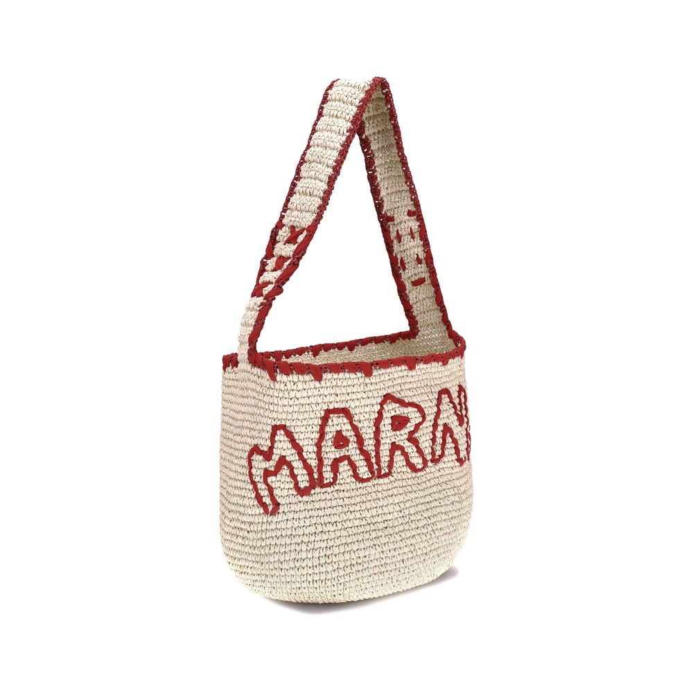 Marni Beigefarbene Raffiabestickte Schultertasche